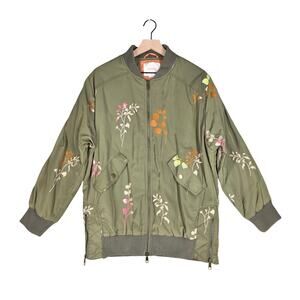 ANTHROPOLOGIE AINSLEY EMBROIDERED BOMBER JACKET GREEN FLORAL WOMEN’S MEDIUM